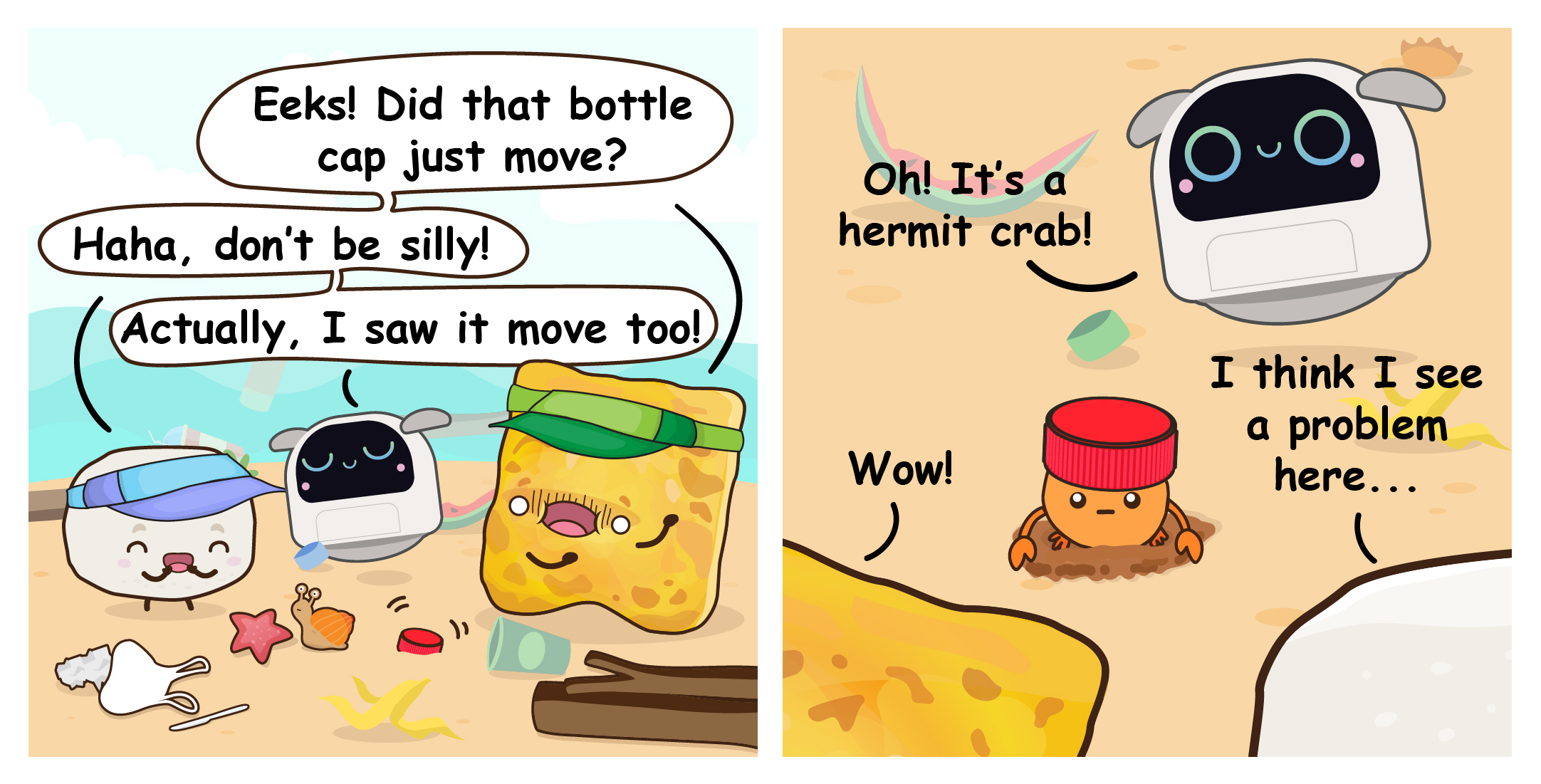Two-panel comic where Flip, Bouncy, and Poodle spot a moving red bottle cap on a littered beach, discovering it is being worn by a hermit crab as a substitute shell.
